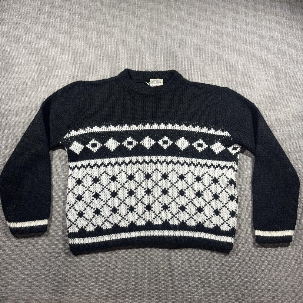 Vintage Colleen Sweater Womens Small Black‎ White Argyle Knit Orlon Pullover